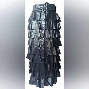 Black Faux Leather, Ruffled, Maxi Skirt. M